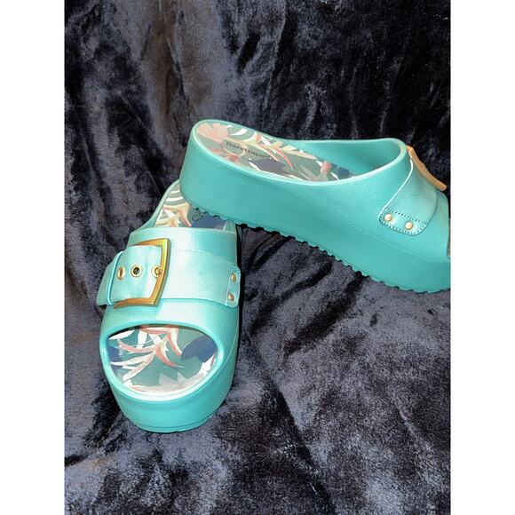 NEW TURQUOISE PLATFORM WEDGE FLATFORM SLIDES COMFORTABLE SANDALS 8 - Picture 2 of 7